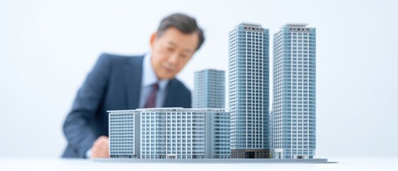 Architect examines architectural model of future urban development modern office space indoor environment close-up perspective