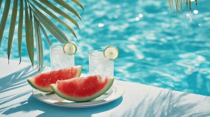 Two slices of watermelon and glasses of water with lime near a pool with a palm leaf casting shadows