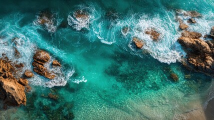 Aerial view displaying waves crashing onto rocky outcroppings and sandy beach with clear turquoise