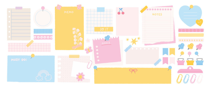 Notes and stickers. Sticky papers. Planners, notebook organization paper memos, diary goal pages, to do list sheets, information board reminder tapes with pins, clips. Vector set