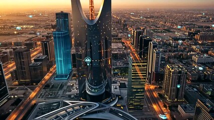 Futuristic Riyadh: Stunning Aerial View of a Smart City at Sunset with High-Tech Integration - Powered by Adobe