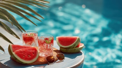 Two glasses of watermelon drink and watermelon slices are placed on a table near the pool's edge