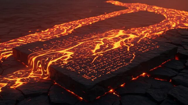 Lava flowing and crackling into ancient cuneiform script on a basalt altar at night