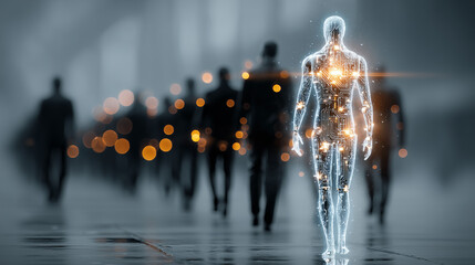 Futuristic AI hologram agent collaborating with human workers in a digital office, symbolizing autonomous teamwork, neon lights, advanced user interfaces, synergy between AI and people