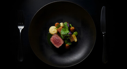 Seared venison medallion with potato pur&eacute;e, roasted root vegetables, and fresh herbs elegantly arranged on a dark plate