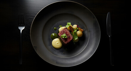 A perfectly seared beef tenderloin rests elegantly on a dark plate, accompanied by creamy mashed potatoes, saut&eacute;ed baby potatoes, and vibrant microgreens, creating a sophisticated culinary scene