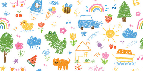 Cute kid doodle pattern. Seamless texture with child crayon drawings. Horizontal hand drawn child pencil background with flowers, stars, clouds, rainbow, sun. Vector banner