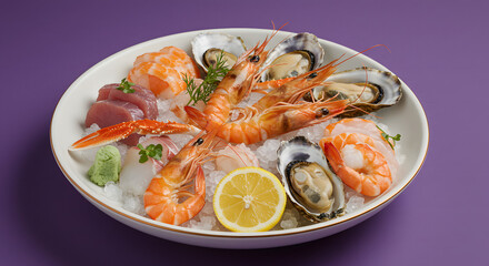 A vibrant seafood platter featuring succulent shrimp, fresh oysters, and tuna sashimi, artfully arranged on ice with lemon, creating a luxurious culinary experience