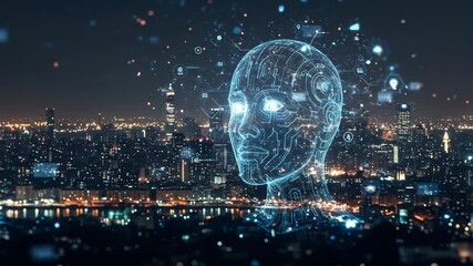 Futuristic AI Head Over Cityscape: Digital Intelligence and Urban Tech - Powered by Adobe
