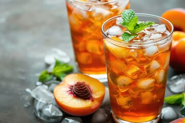 Sharp Picture of Glasses with Ice Tea with Mint and Peach