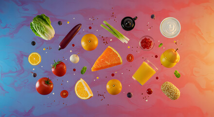 Vibrant fruits, vegetables, and a refreshing juice levitate against a colorful, abstract backdrop, capturing a playful and healthy mood