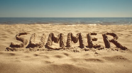 The word Summer written with sand on a sandy beach with ocean water and blue sky in the background