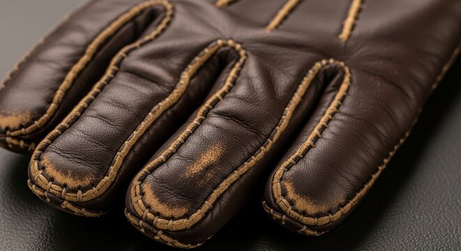 Close-up of weathered brown leather glove with detailed stitching