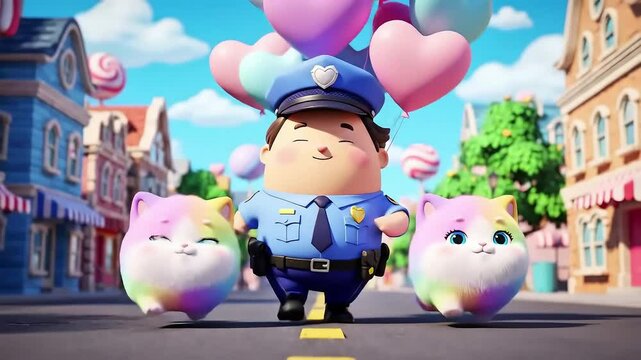 Cartoon police officer dancing with pastel animal friends