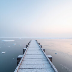 Obraz premium Serene winter scene featuring snow covered pier extending into calm, icy body of water under soft pastel sky