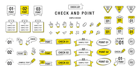 Simple check and point. Checkmarks and pointer icons. Japanese line minimalistic title frame, text speech bubble, frame, ribbon, banner, cursors, sticker. Notes elements. Vector set