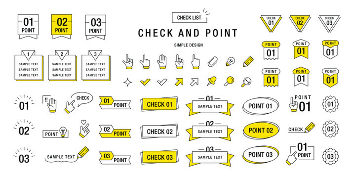 Simple check and point. Checkmarks and pointer icons. Japanese line minimalistic title frame, text speech bubble, frame, ribbon, banner, cursors, sticker. Notes elements. Vector set