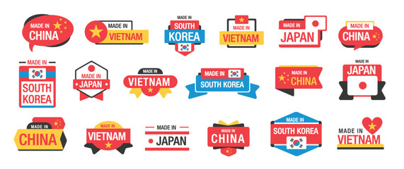 Made in Asian country badges. Made in Japan, China, South Korea, Vietnam labels. Quality product sticker with Made in Japanese, Chinese, Vietnamese, Korean flags. Vector emblems set