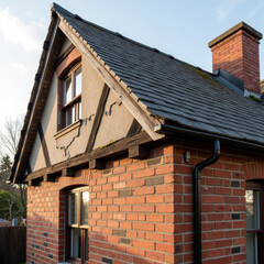 Charming brick house with sloped roof, featuring wooden beams and chimney, surrounded by trees and clear sky