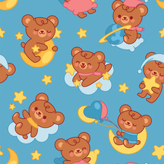 Fototapeta premium Cute bear pattern. Seamless background with little bears. Cartoon kids woodland teddy sitting and sleeping on moon, clouds, stars. Kawaii baby animals texture paper. Vector wallpaper