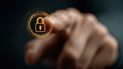 Hand Reaching to Touch Digital Lock Symbol in Cybersecurity Concept on Dark Background