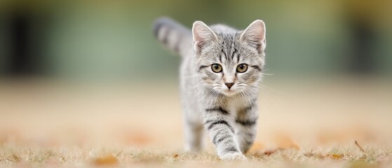 Playful gray tabby cat striding through a soft focus outdoor environment capturing the essence of feline grace and exploration © Hospital man