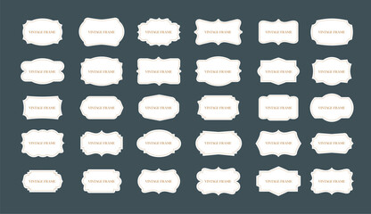 Vintage label frames. Ornamental borders. Retro decorative tags with calligraphic text. Old ornate classic elegance elements. Curved edges, symmetrical luxury premium patch. Vector set