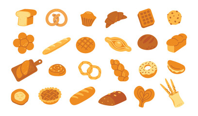 Bread. Cartoon bakery products. Loaves of bread, fresh baguettes croissants wheat toast rye buns, rolls, pretzels, buns, cookies, pie, pastries. Baked pastry products. Vector set