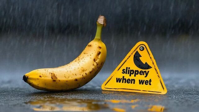 Humorous warning sign next to banana on wet surface during rainfall highlighting danger of slipping