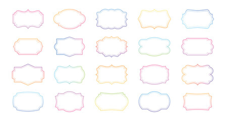 Colorful label frame. Retro unicorn gradient border. Ornate kids emblem templates. Cute color gradients badge. Abstract child shape frames in rainbow color. Picture border. Vector set