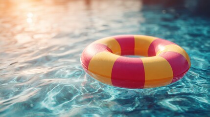 Close up of a striped inflatable ring yellow and red floating on the rippling surface of blue