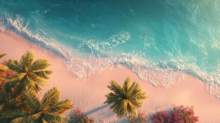 Aerial view shows turquoise ocean waves washing onto a pink sand beach with palm trees and pink