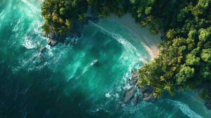 Aerial view showing a boat on turquoise sea water near a sandy beach and green palm trees Ocean
