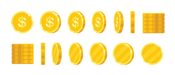 Cartoon golden coins. Rotating coin in various positions. Flat money icons for finance and game design. Metal coins falling, spinning, tilted, variety views for animation. Vector set