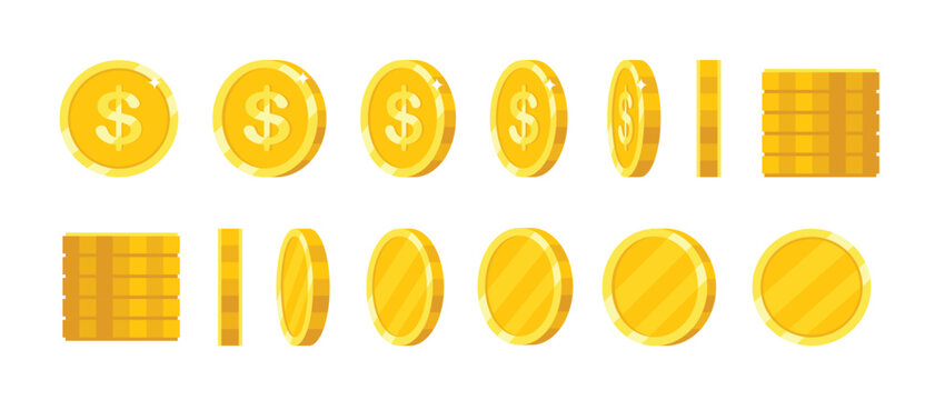 Cartoon golden coins. Rotating coin in various positions. Flat money icons for finance and game design. Metal coins falling, spinning, tilted, variety views for animation. Vector set