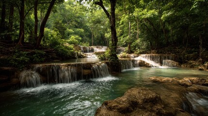 Cascading waterfalls flow into a turquoise pool surrounded by lush green foliage and tall trees in a