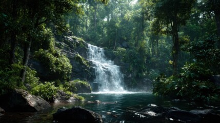 Tropical waterfall cascading into a pool surrounded by lush green vegetation and trees in a