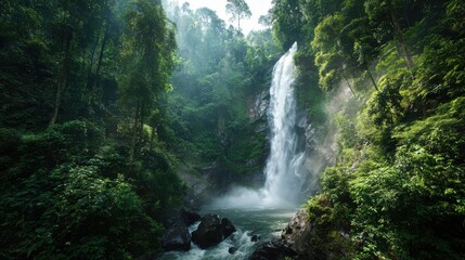 Majestic waterfall cascading over rocks surrounded by lush green tropical vegetation in a misty