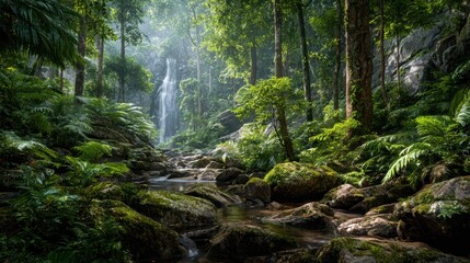 Lush green foliage including ferns surrounds a rocky stream with waterfall in a dense vibrant forest