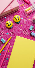 Bright Pink and Yellow Stationery Flatlay Emojis, Notebooks, Pens, and Paperclips for Back to School