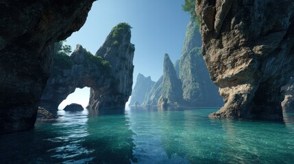 Turquoise ocean water view framed by large rocky cliff formations covered with green vegetation