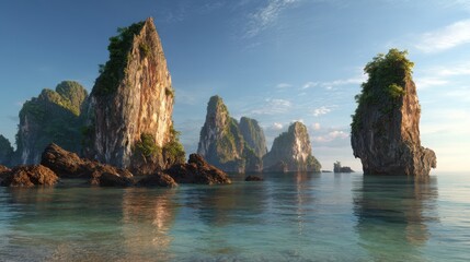 Limestone cliffs rise from calm turquoise water supporting greenery under a partly cloudy pale blue
