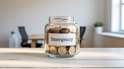 Glass jar filled with gold coins labeled emergency money
