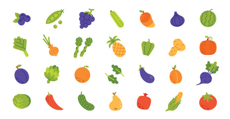 Fruits and vegetables. Simple doodle fruit and veggies. Colorful various vegetable, fruit, berries, mushrooms, green plants. Organic healthy food icons on white background. Vector set