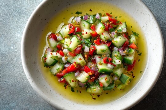 Zeytinyagli with diced cucumbers, red bell peppers, onions, drizzled with light olive oil. Concept of zeytinyagli highlighting vibrant colors in a professional presentation. 