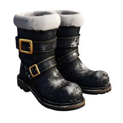 Pair of black winter boots with white fur trim and gold buckles isolated on transparent background