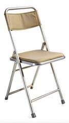 Silver framed folding chair with tan padded seat and back against white