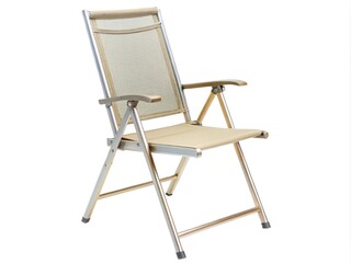 Folding camping chair made of aluminum and breathable beige fabric on white