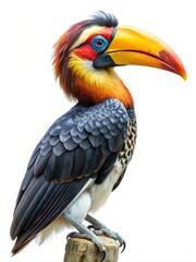 Obraz premium Rufous Hornbill bird with vibrant plumage standing on a wooden perch