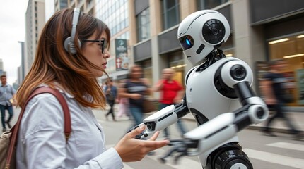 Engineer and humanoid robot walk briskly